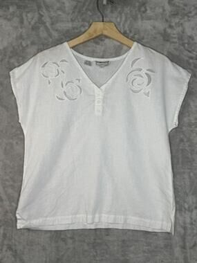 B. Bronson Blouse Womens 12 White Linen Cotton Embroidered Floral Henley Cutout